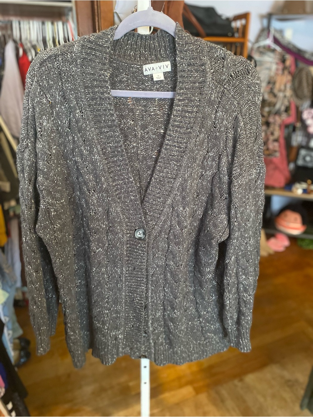 Ava & Viv Charcoal Speckled Cable-Knit Button Down Cardigan